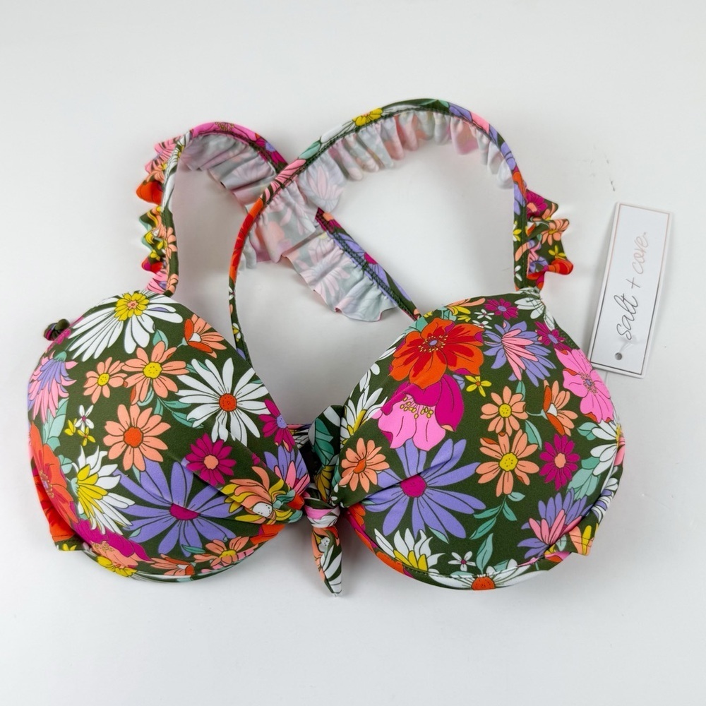 Salt + Cove Bikini Top Juniors Large Multicolor Floral Criss Cross Ruffle NWT